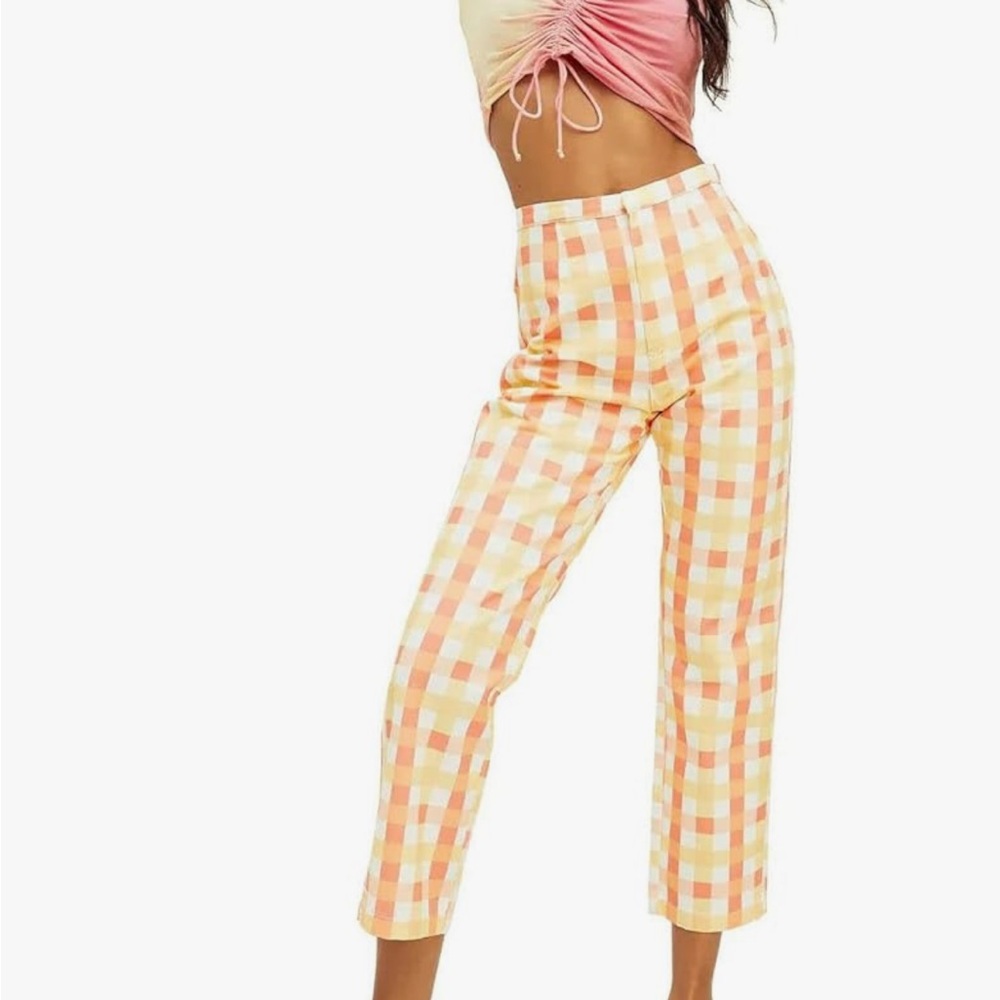 Free People NWOT!!! She’s All That Orange Plaid Straight Leg Pants - Picture 3 of 11
